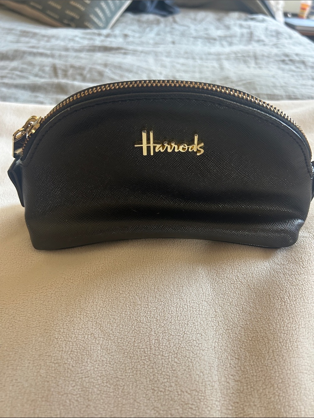 Harrods Black Cosmetic Zip Pouch with Gold Logo